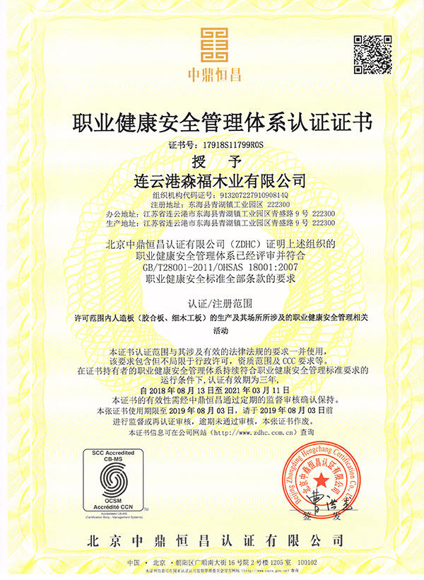 職業(yè)健康安全管理體系認(rèn)證證書 職業(yè)健康安全管理體系認(rèn)證證書